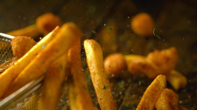 A captivating close up view of delicious golden french fries and nuggets falling in slow motion.