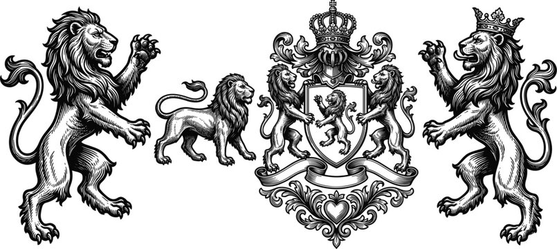 Heraldic lion crest collection featuring vintage royal emblems medieval coat of arms and decorative monarchy vector illustrations