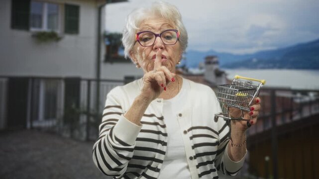 Senior woman with colorful glasses holding a miniature shopping cart, finger to lips for silence in building balcony by lake; secrecy hush.