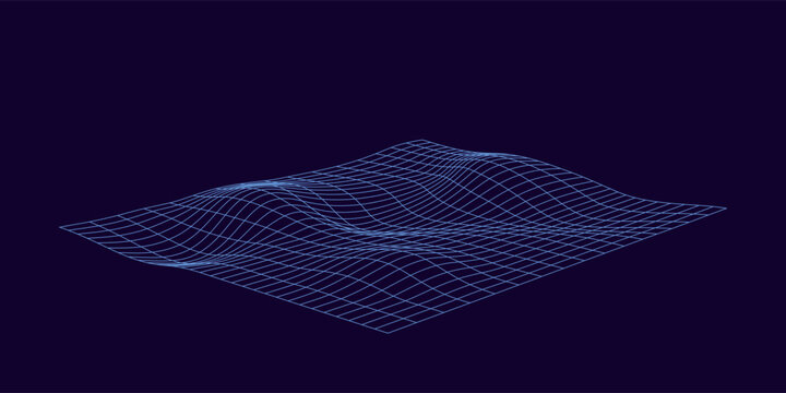 Blue Digital Distorted Grid. Retrowave Technology, Science, Game Background. Wireframe Grid with Glow Lights Banner, Wallpaper, Print. Vector Illustration.