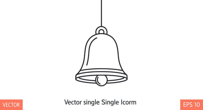 Vector graphic of a single hanging bell, icon, outline, simple, clean design