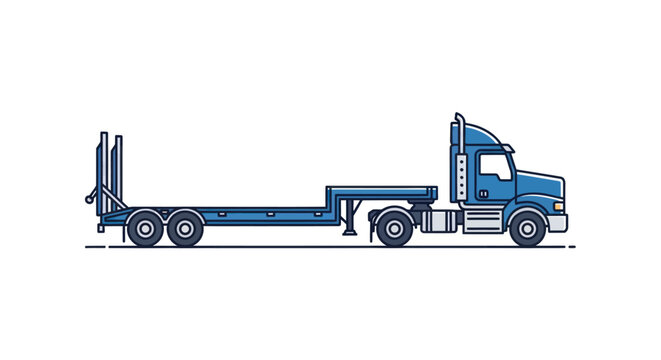 Blue flatbed truck, heavy transport vehicle, logistics and shipping icon, isolated on white