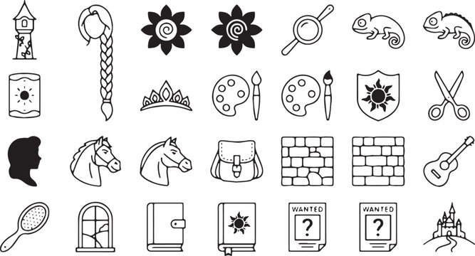 Rapunzel Fairytale Icon Set: Black and White Line Art Vector Illustration of Tower, Long Braid, Magic Flower, Chameleon, and Adventure Elements