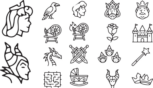 Sleeping Beauty Fairytale Icon Set: Black and White Line Art Vector Illustration of Princess, Evil Queen, Dragon, Castle, and Magic Elements