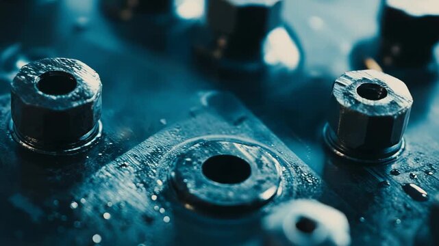 Industrial steel fasteners securing components, standing on a wet metallic surface with glistening water droplets, signifying heavy machinery and engineering precision in a manufacturing setting