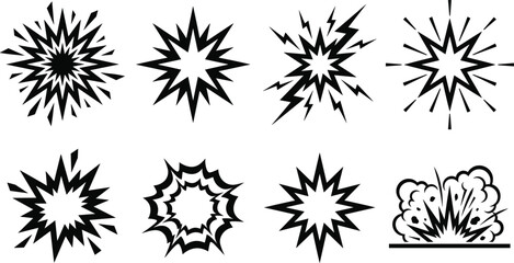 Comic explosion burst icon collection featuring abstract star shapes dynamic blasts and cartoon effect vector elements set © Hafizul