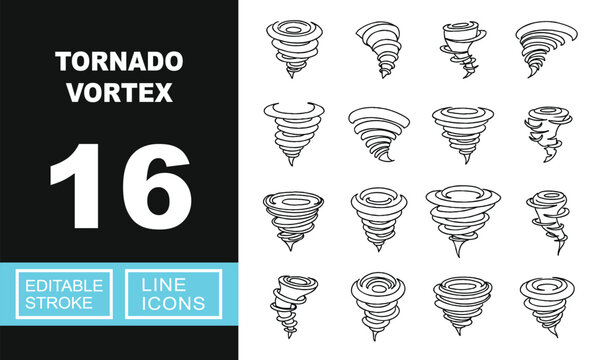 Tornado Vortex line icon set. Exclusive Tornado Vortex line icon collection. Containing tornado, cyclone, vortex, wind, storm, hurricane, twister, whirlpool, spiral, tempest. Editable stroke.