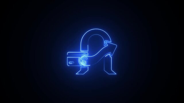 Neon blue line animation of a hand reaching into a wallet to pull out a dollar bill on a black background