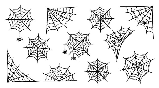 Collection of Spooky Hand-Drawn Spider Web Decorations for Halloween Celebrations
