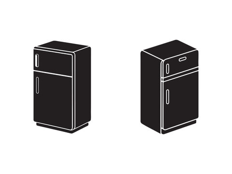 Blackandwhite illustration of two refrigerator designs sidebyside on white background