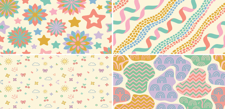 Joyful array of modern seamless patterns retro floral blooms, abstract organic shapes, playful cherries, and dynamic wavy ribbons for cheerful design versatility