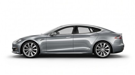 Fototapeta premium Sleek silver electric sedan with modern aerodynamic design and alloy wheels on a white background