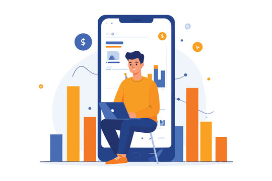 Man sitting on stool with laptop in front of large smartphone with graphs and charts on screen