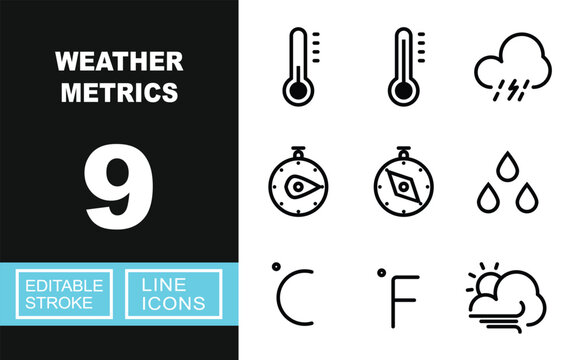 Weather Metrics line icon set. Exclusive Weather Metrics line icon collection. Containing thermometer, temperature, storm, barometer, compass, humidity, celsius, fahrenheit, wind. Editable stroke.