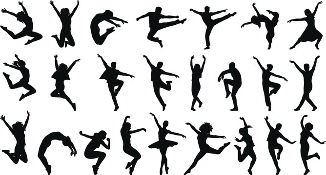 Dancing people silhouette collection featuring ballet contemporary dance jumping movement performance and artistic motion vector illustrations