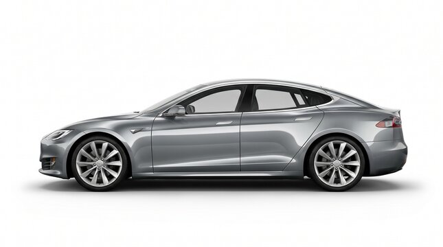Sleek silver electric sedan with modern aerodynamic design and alloy wheels on a white background