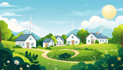 Naklejka premium Idyllic green village landscape with solar-powered homes and distant wind turbines, beautifully illustrating a sustainable, eco-friendly community committed to clean energy and nature