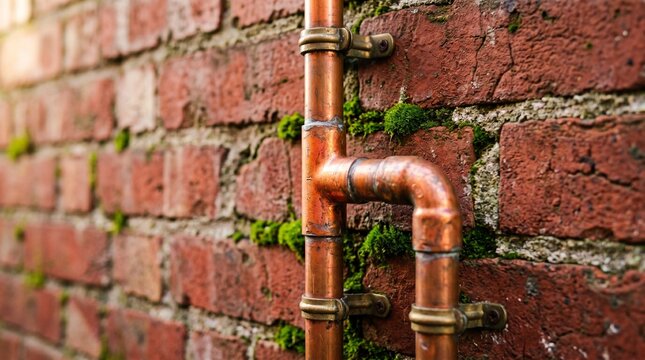 Copper pipes with brass fittings are mounted on a red brick wall with moss.