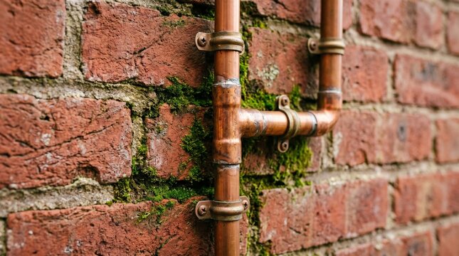 Close-up of copper pipes attached to a weathered brick wall with moss growth.