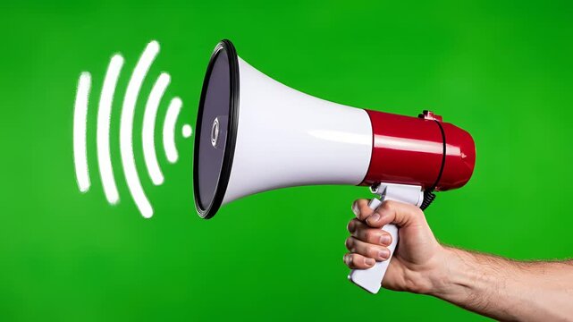 Hand Holding Megaphone Announcing with Sound Waves on Green Screen Background.