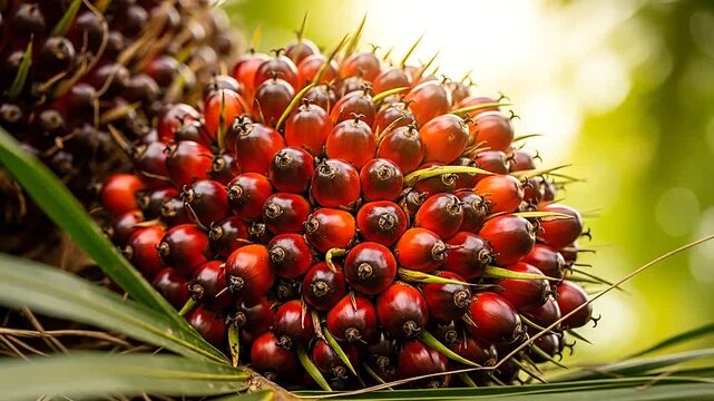 A close up view of a cluster of ripe red palm oil fruits on a tree