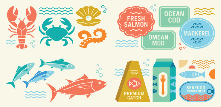 Fresh Seafood Collection Lobster, Crab, Octopus, Cod, Mackerel, Tuna, and more illustrations for culinary themes