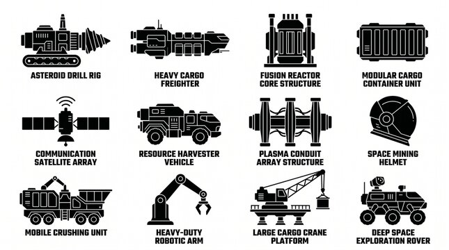 A collection of black silhouette icons representing futuristic space exploration and mining machinery.
