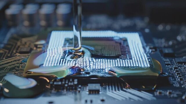 Close-up of a computer microchip with a robotic arm.