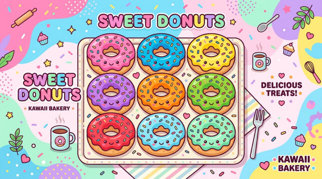 Colorful assortment of glazed donuts with sprinkles and frosting arranged in a playful box surrounded by vibrant bakery graphics including coffee treats and pastries