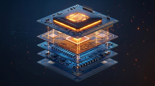 A stack of computer processors with glowing orange light in the center.