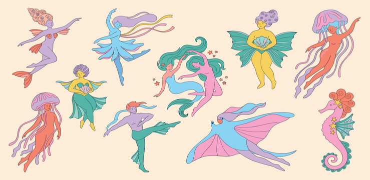 Whimsical illustration of mythical sea creatures and dancing figures with flowing limbs