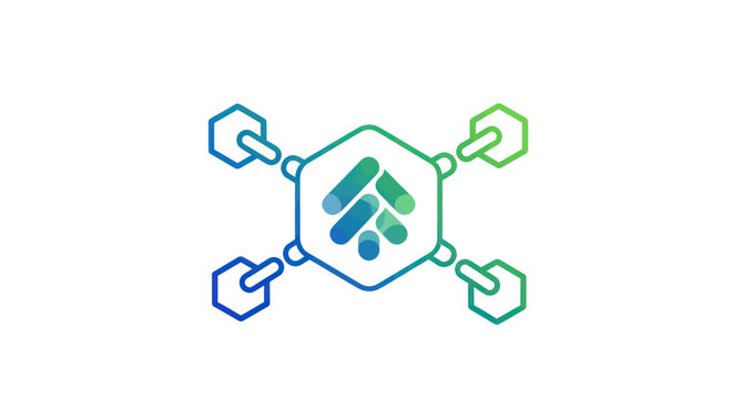 Abstract network connection concept, hexagonal hub and spokes, futuristic technology, blue and green gradient