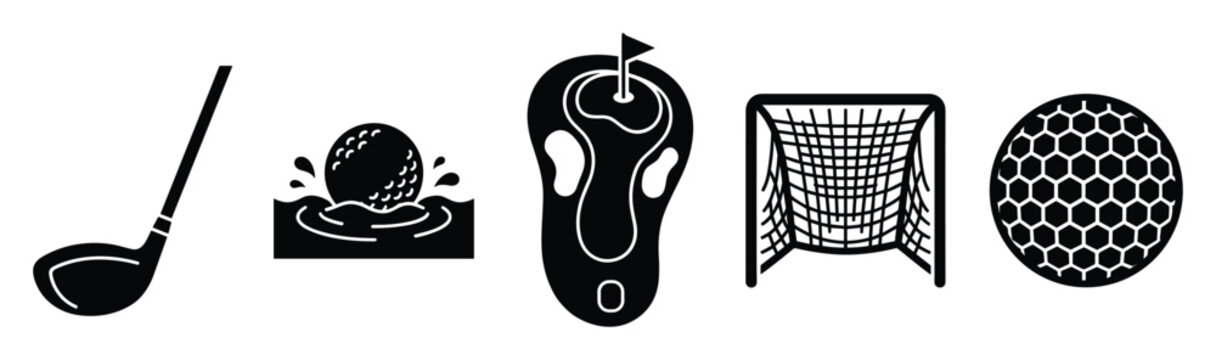 Set of sporting game equipment black silhouette icons featuring golf club ball course soccer net