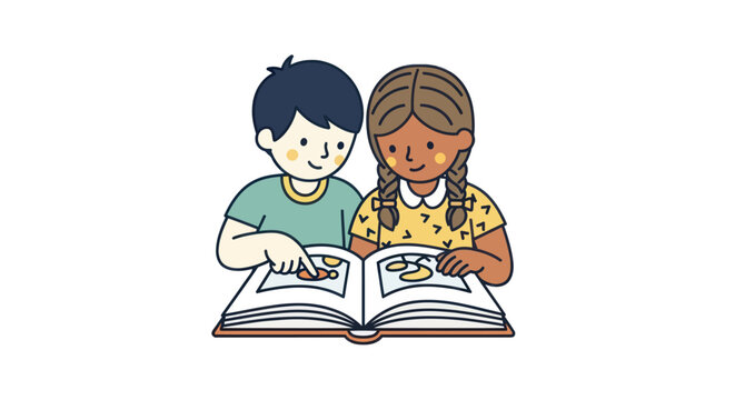 Diverse children reading a book together, learning and friendship concept