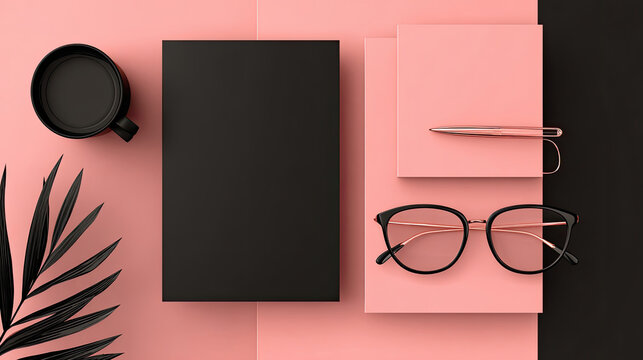 Elegant Flat Lay Composition with Black Box Glasses and Plant.