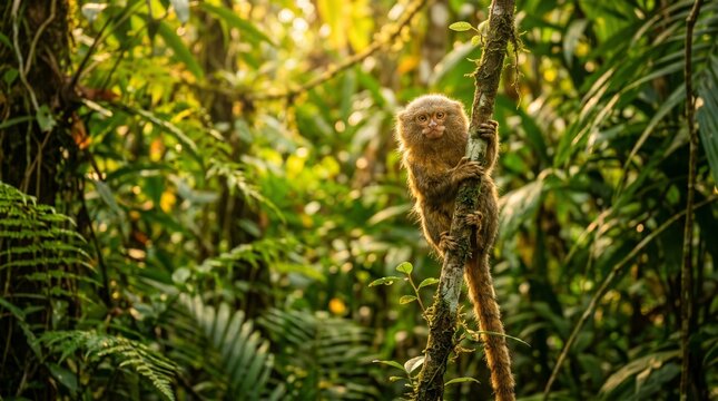 A tiny pygmy marmoset, the world's smallest monkey, clings to a mossy branch in a sunlit jungle.