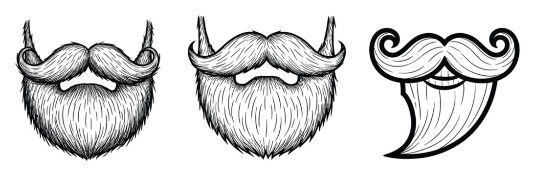 Stylized beard and mustache facial hair designs perfect for barbershop branding or mens fashion