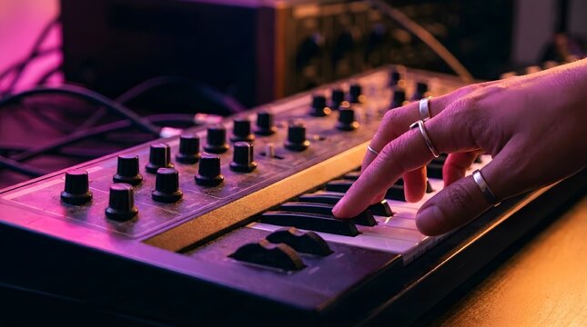 Close up of hand with rings playing analog synthesizer keyboard in music studio with neon lighting