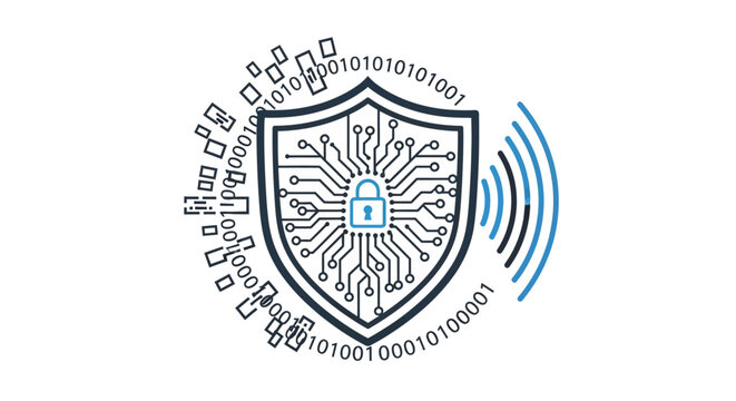 Digital Security Shield with Padlock and Binary Code Circuitry