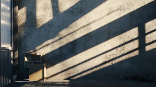 Concrete wall receiving natural sunlight, casting strong geometric shadows across the textured surface, highlighting an empty urban industrial space with minimal objects