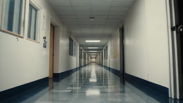Empty long school corridor featuring a tiled floor reflecting fluorescent lights, with classrooms and bulletin boards lining the walls, creating an atmosphere of quiet solitude and past activity