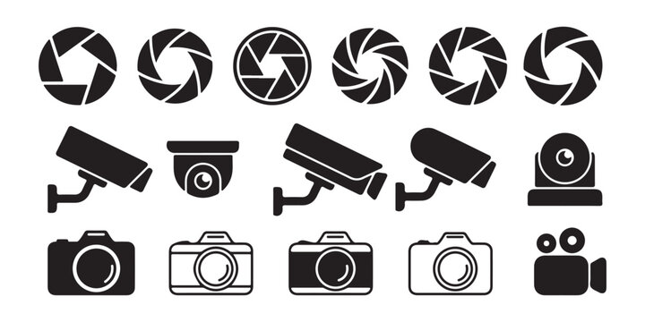 Photography and surveillance icons set with camera aperture security cctv and video equipment.