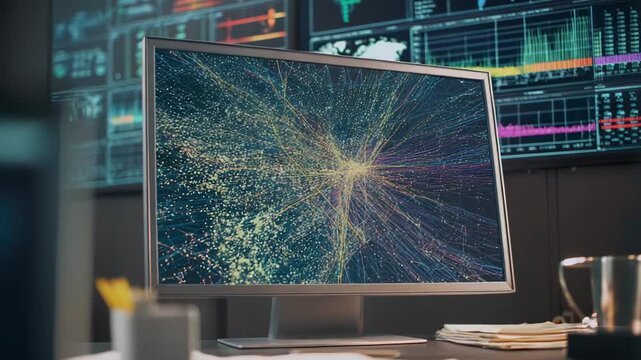 Monitor screen displaying a complex network of interconnected data points, lines, and graphs, illustrating a wide global web of information, communication, and digital intelligence services