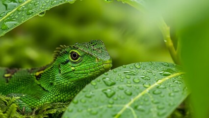 Fototapeta premium Green lizard hiding in foliage outdoors.