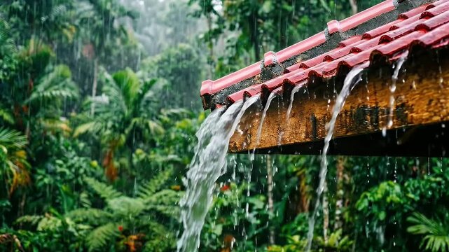 Heavy tropical rain falling from a red tiled roof in a lush green jungle environment