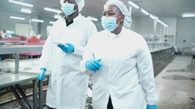 Two African American factory supervisors discuss and examine quality control, inspect and monitor fish chopping, and food production process in chilled, sterile warehouse, for logistics distribution.