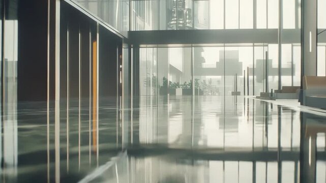 Modern building lobby featuring a spacious interior with high ceilings, glass walls, and reflective marble flooring, capturing warm sunlight and architectural reflections