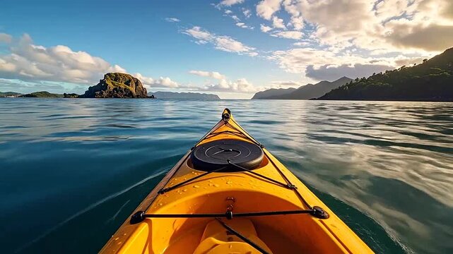 A bright yellow kayak floats on calm blue water during a sunny morning