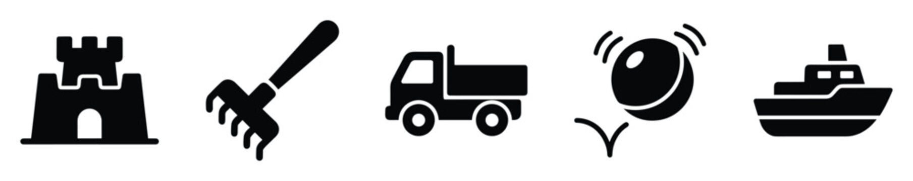 Universal collection of beach and outdoor play icons featuring toy truck, sandcastle, rake, bouncing ball, and boat for kids activity designs and applications