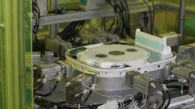 Automated pneumatic press machine with multiple actuators processing rice cooker components on factory floor